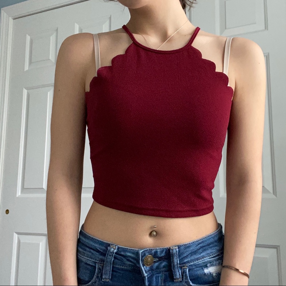 Maroon Scalloped Cropped Halter Top